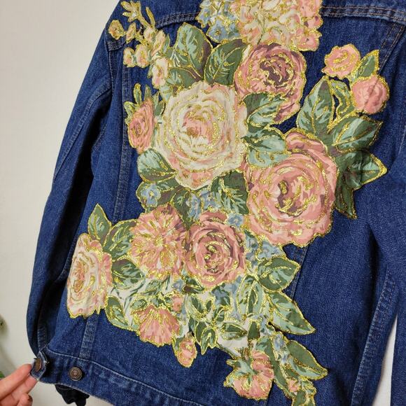 LEVI'S Floral Painted Patch Denim Jean Jacket Pockets Preppy Upcycled Size M - Picture 11 of 16